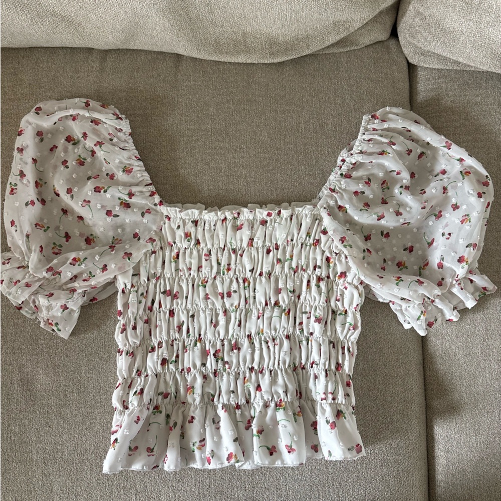 Altar'd State White Puff Sleeve Shirred Floral Crop Top